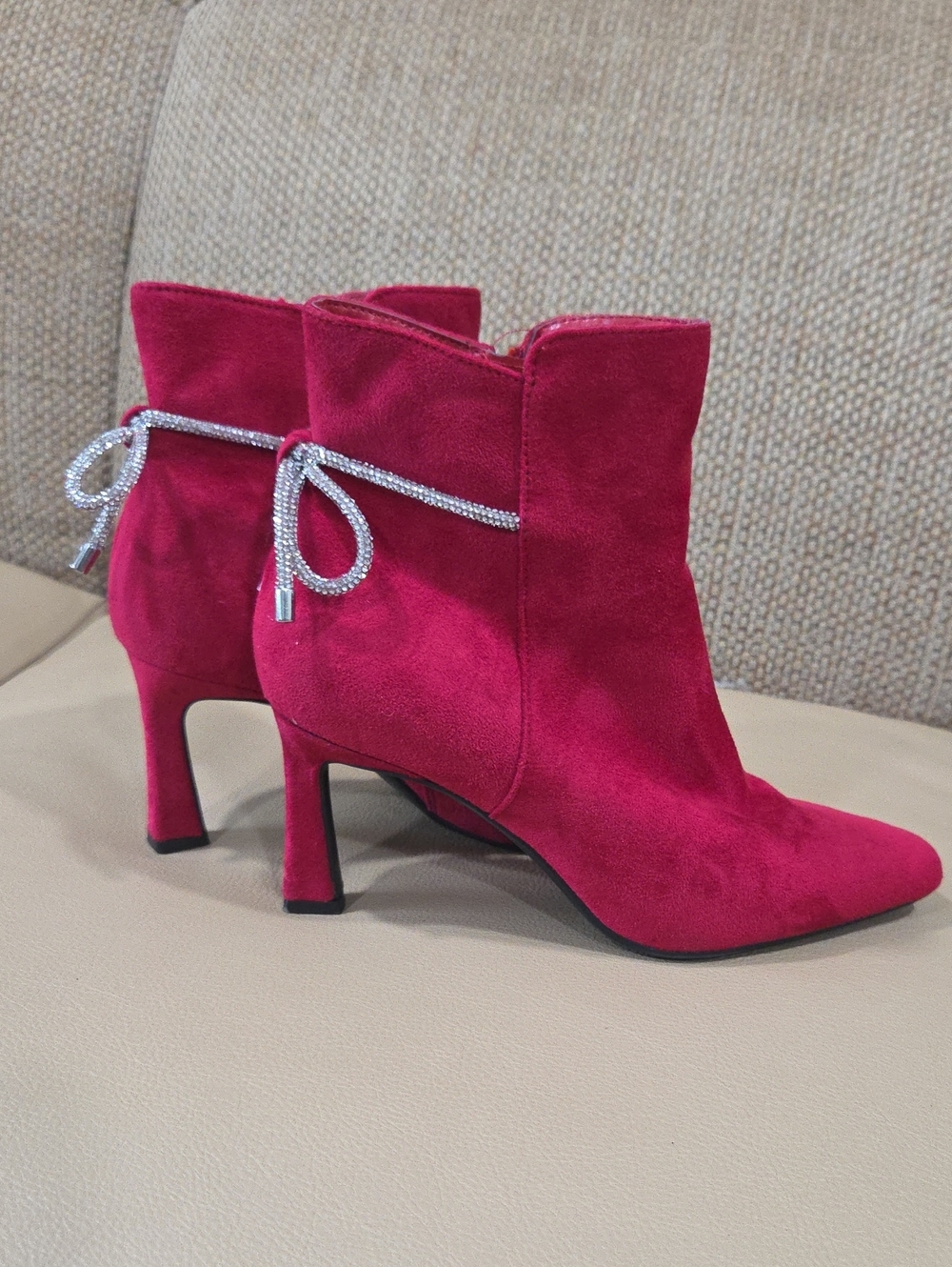 Impo Red faux Suede Ankle Boots with Crystal Bow Tie Accent